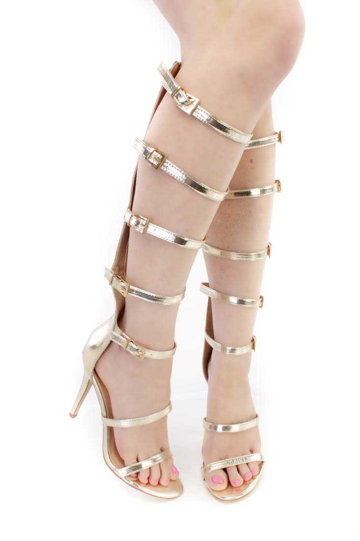 Gold Strappy Single Sole Gladiator High Heels Faux Leather