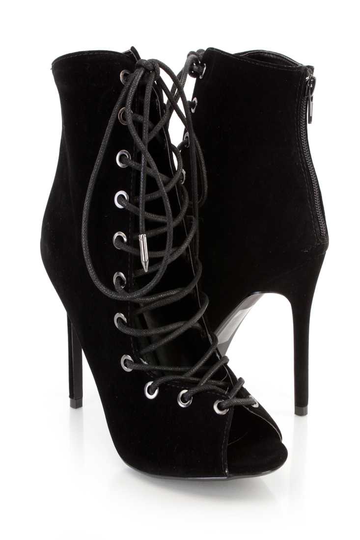 Black Lace Up Tie Single Sole Heel Booties Faux Suede