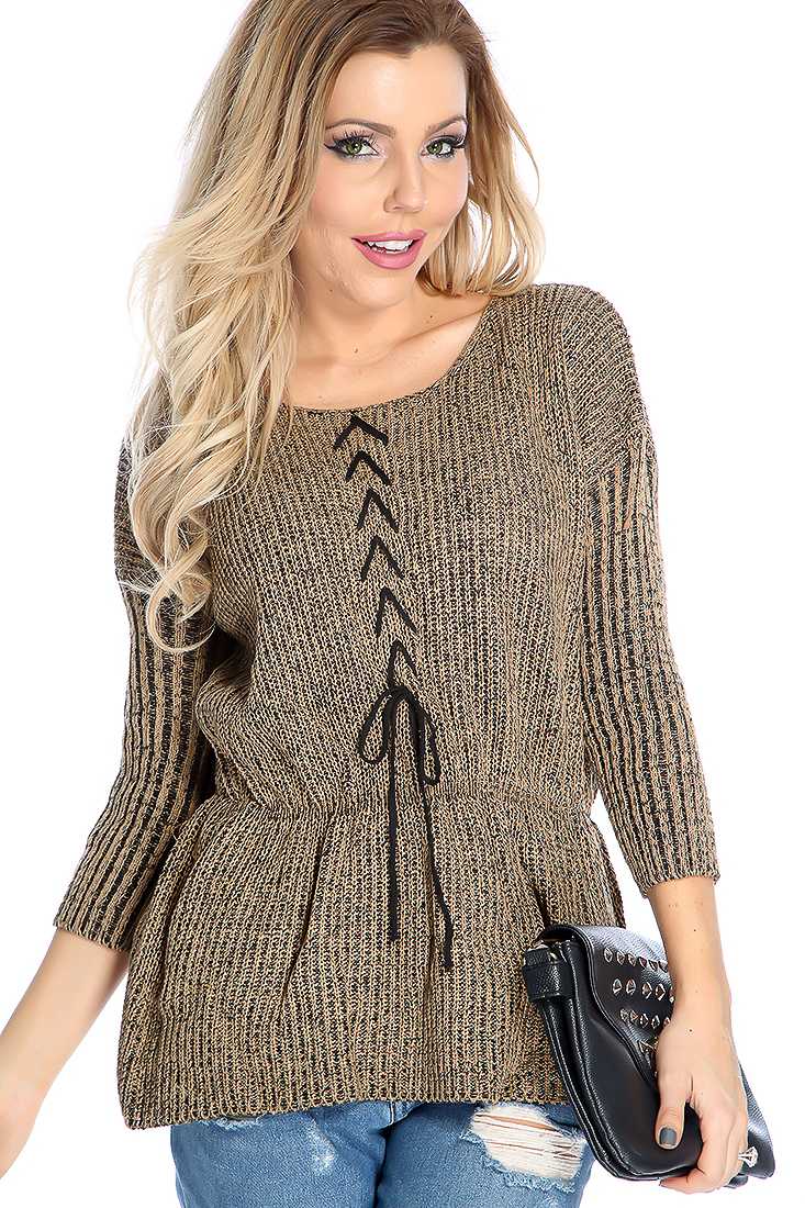 Biege Knitted Lace Up Peplum Long Sleeve Sweater Top