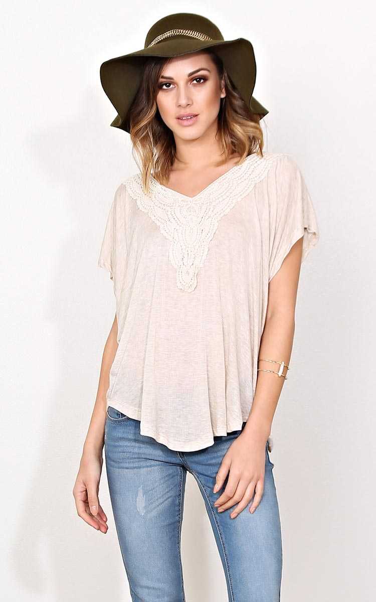 Perry Crochet Trim Top - XLGE - Oatmeal in Size X-Large by Styles For Less