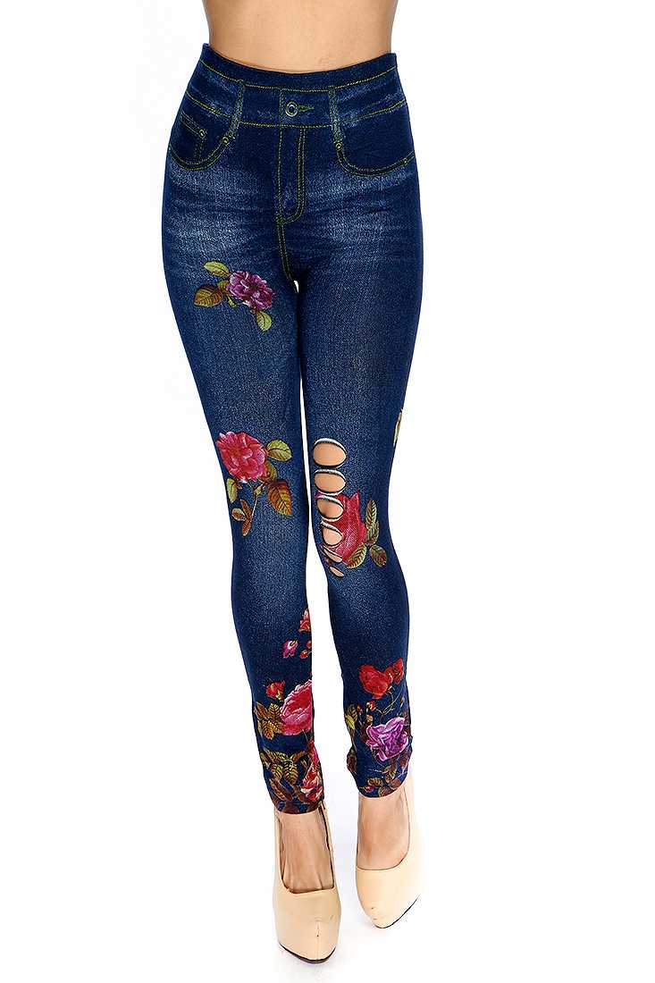 Casual Cute Navy Floral Print Razor Slits High Waist Jeggings