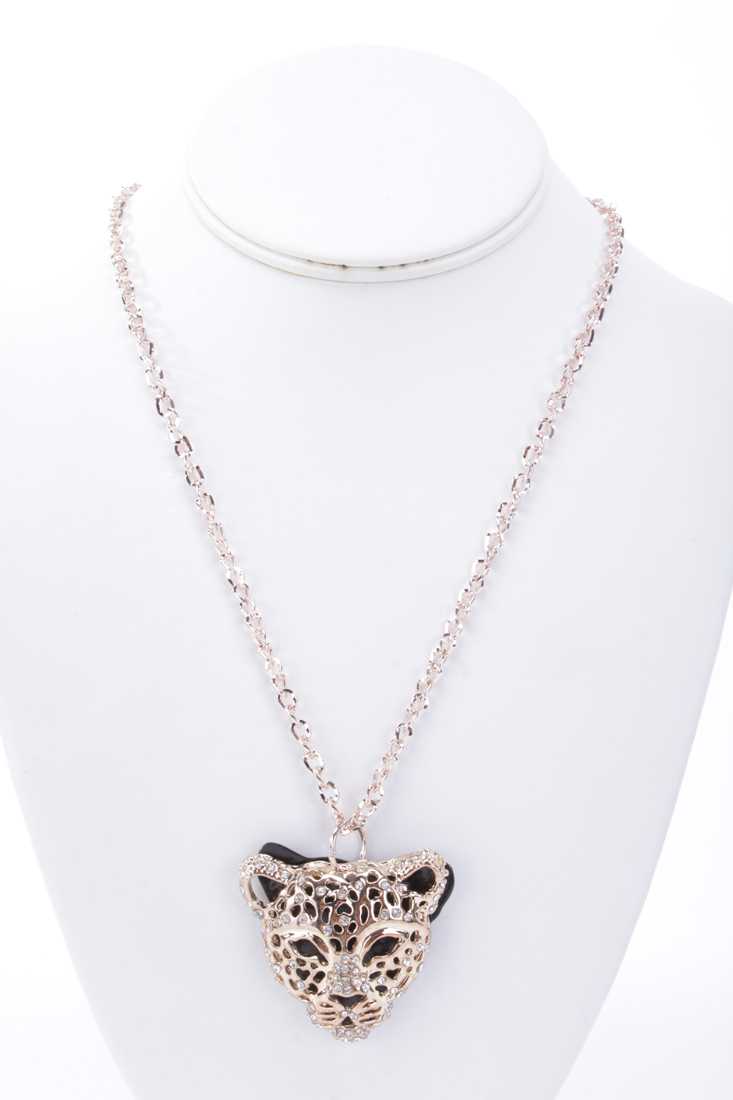 Gold High Polish Leopard Rhinestone Decor Pendant Necklace