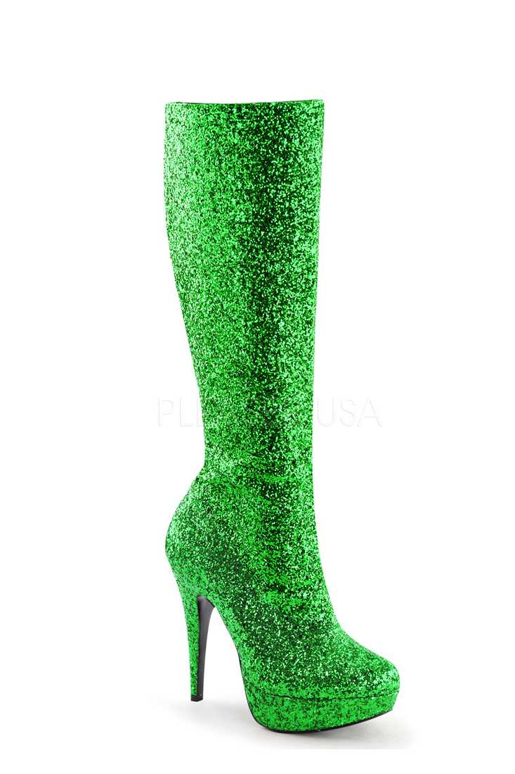 Green Knee High Platform Heel Boots Glitter