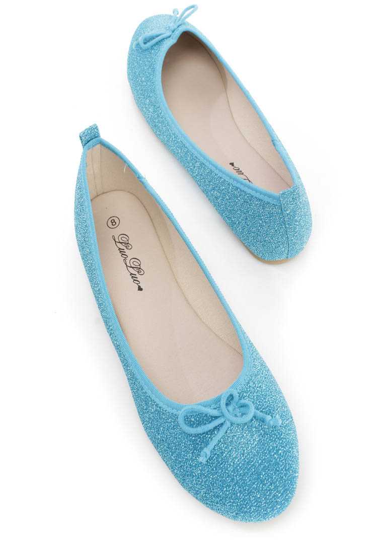 Blue Bow Tie Closed Toe Ballet Flats Shimmer Fabric