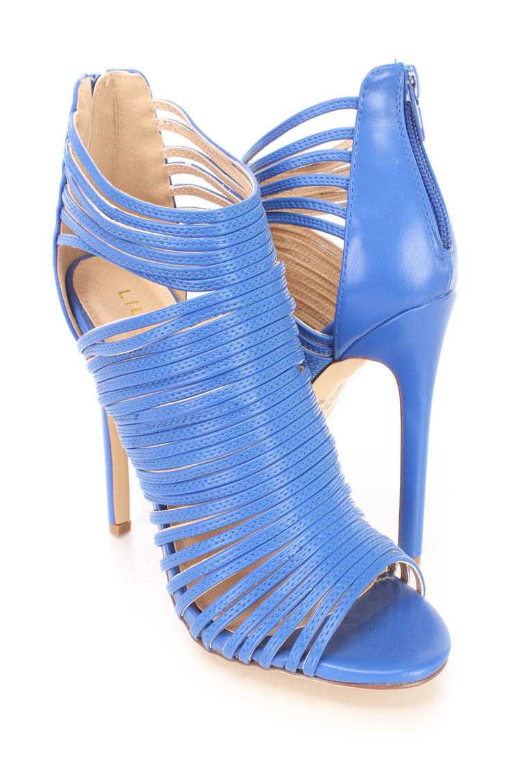 Blue Strappy Peep Toe Sandal Booties Faux Leather