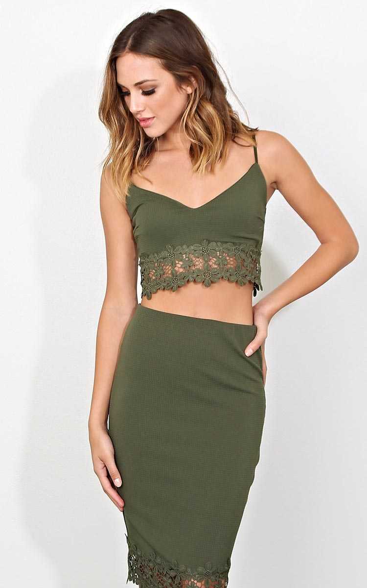 Lola Crochet Trim Crop Top - LGE - Olive/Drab in Size Large by Styles For Less