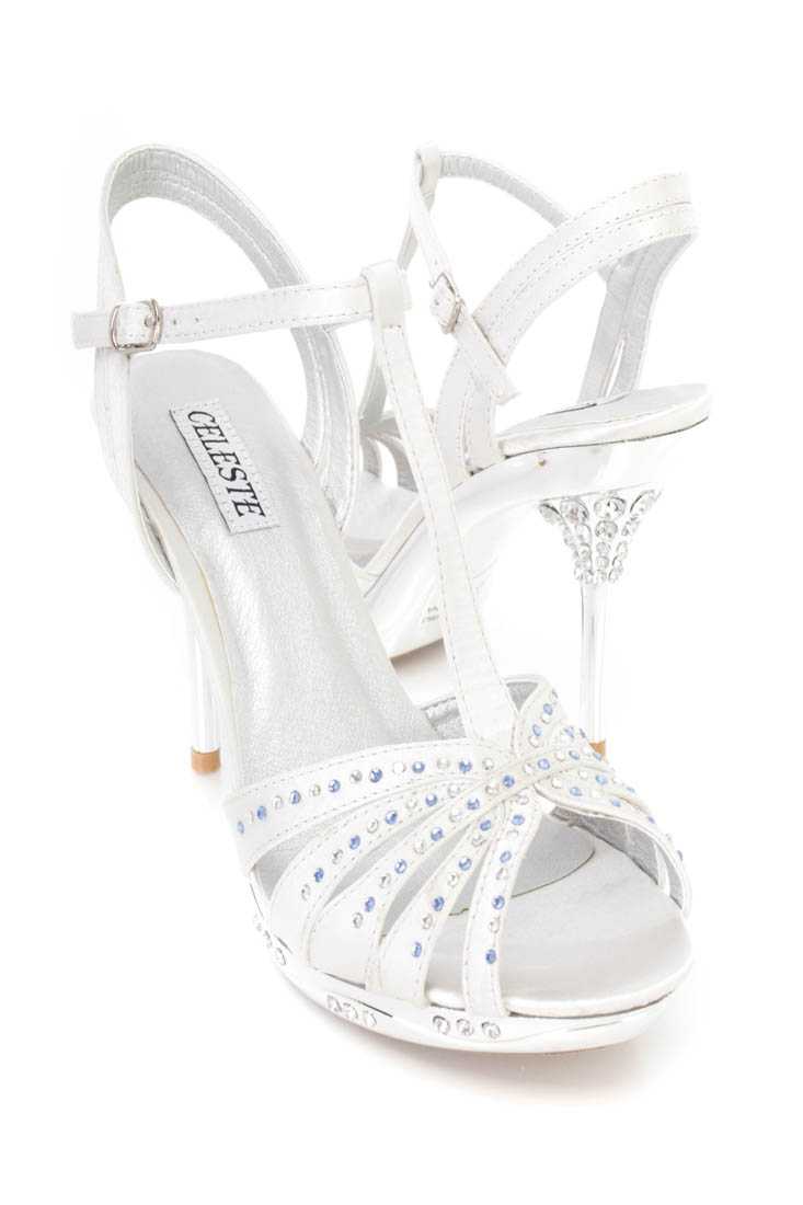 Silver Rhinestone T Strappy Stiletto Heels Satin