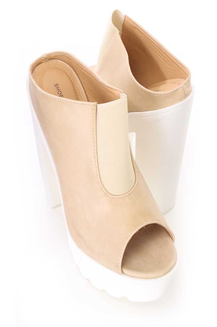 Nude Slip On Peep Toe Chunky Platform High Heels Faux Leather