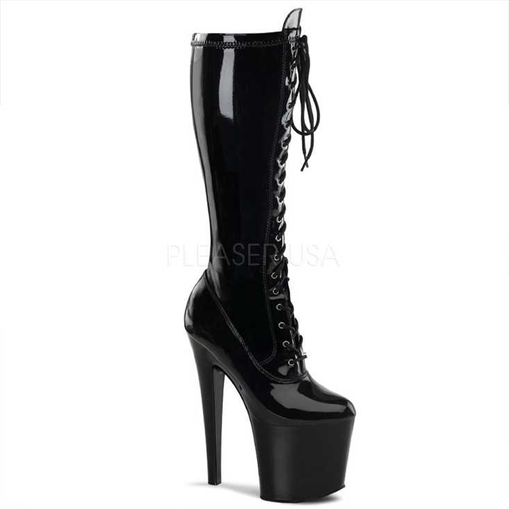 Black Lace Up Knee High Boots Patent