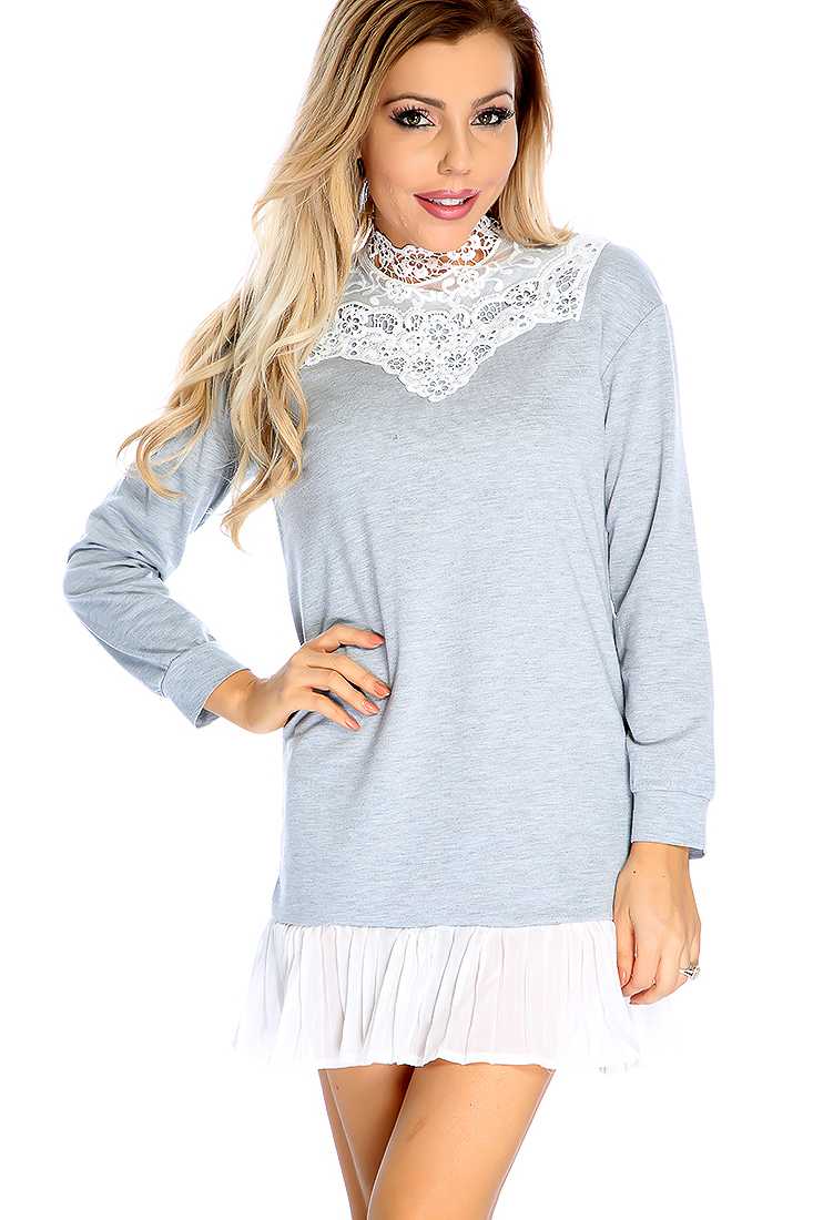 Casual Grey Crochet Detailing Long Sleeve Dress