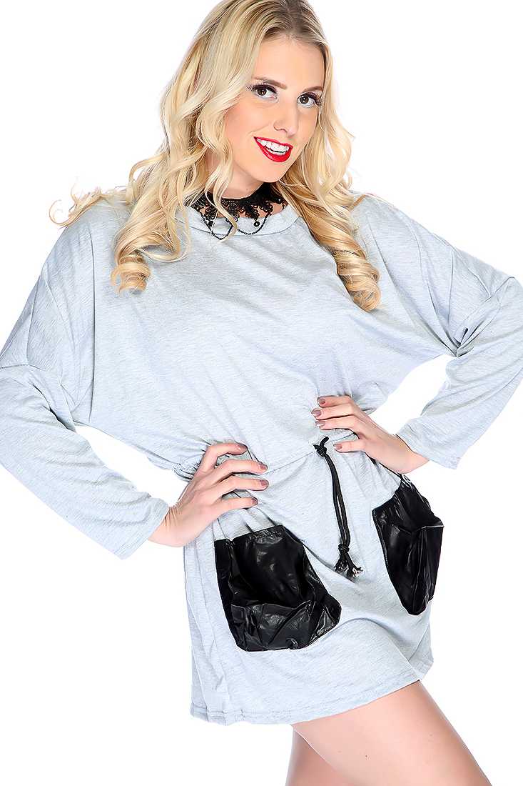 Grey Black Long Sleeve Faux Leather Pocket Casual Dress
