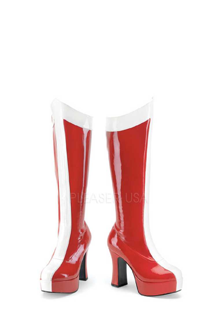 Red White Two Tone Platform Boots Patent