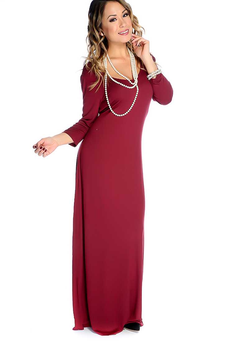 Burgundy Quarter Sleeve Sexy Maxi Dress