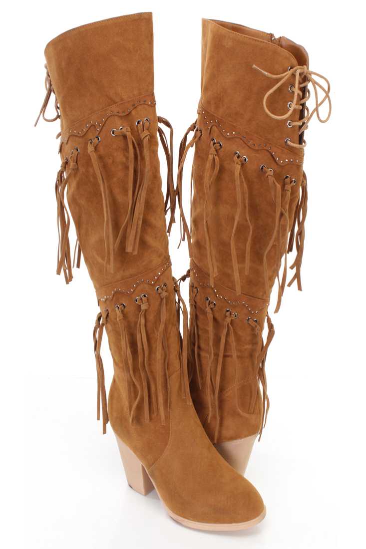 Camel Fringe Studded Detail Chunky Heel Boots Faux Suede