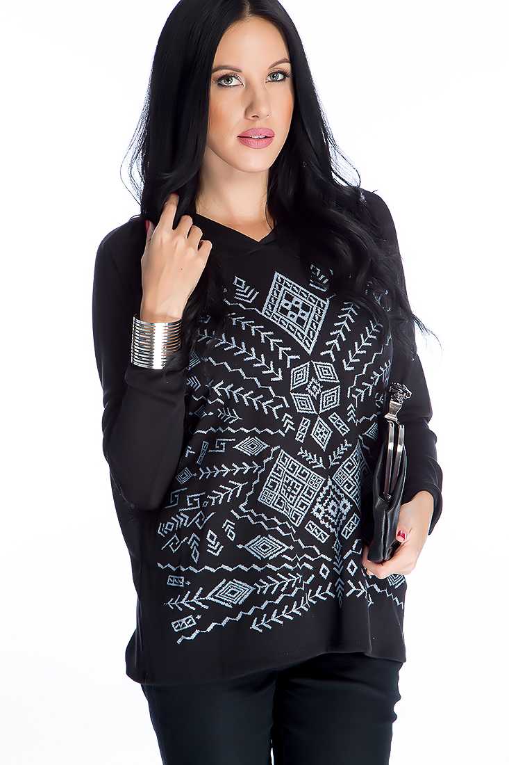 Black Tribal Print Hooded Sweater