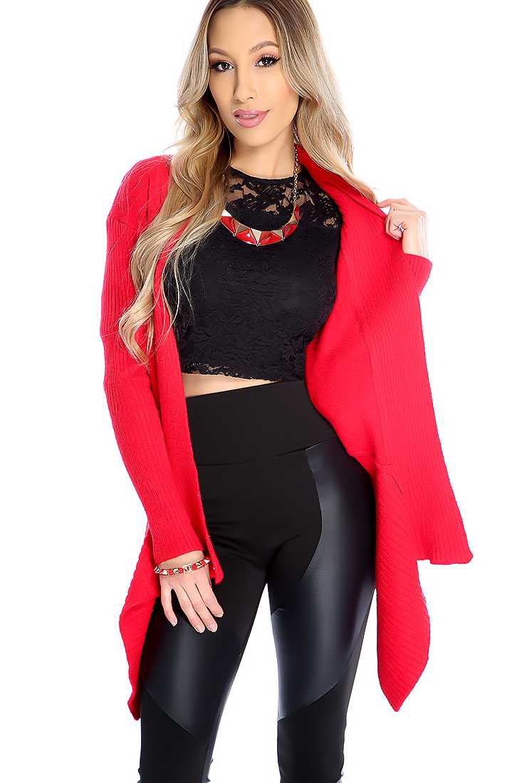 Red Ribbed Open Front Long Sleeve Sweater