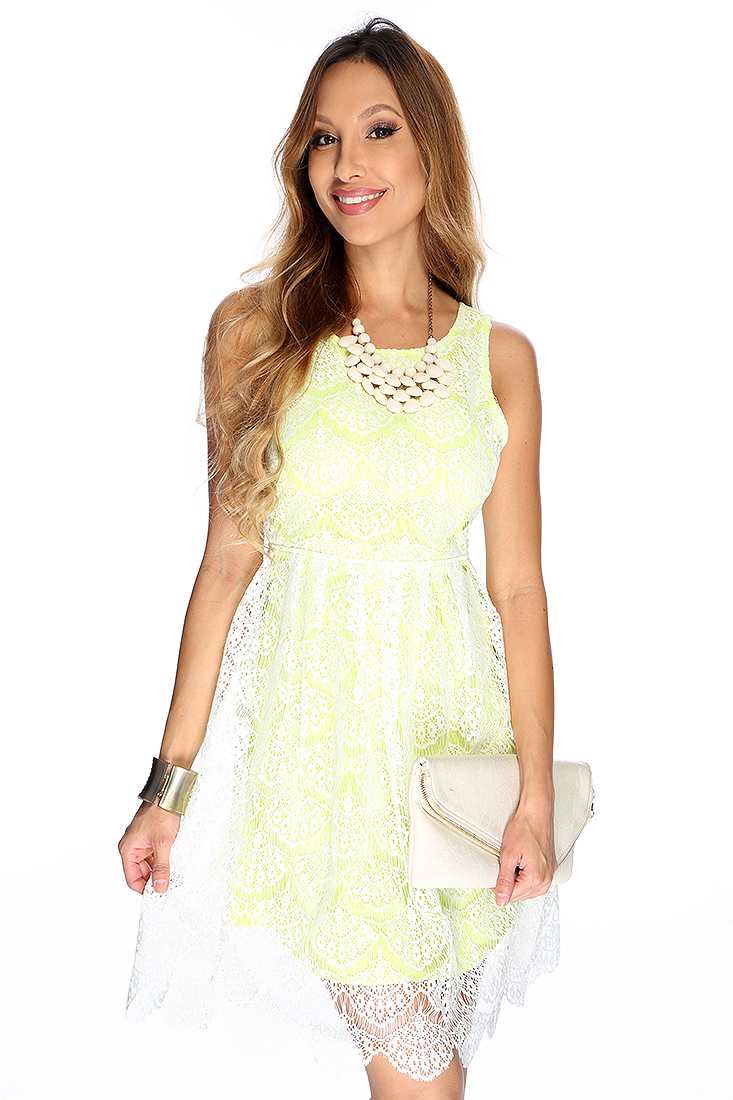 Sexy Neon Lime Sleeveless Scallop Trim Netted Overlay Causal Party Dress