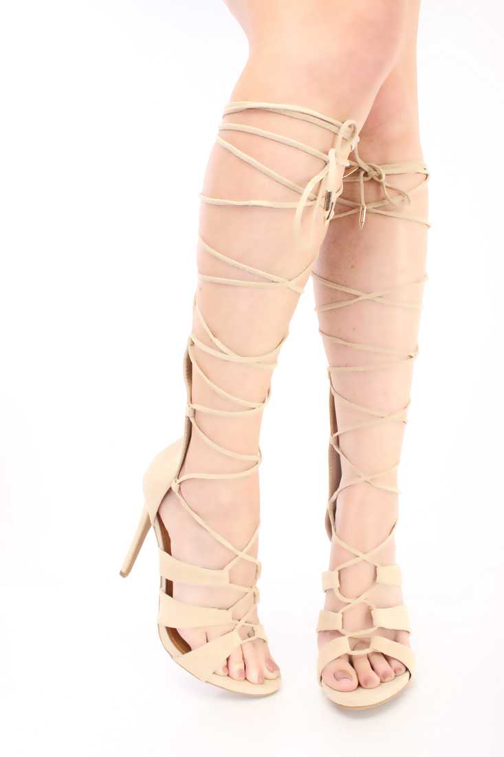 Camel String Tie Gladiator Heels Faux Suede