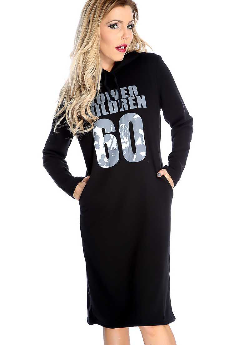 Black Long Sleeve Plush Lining Graphic Print Sweater Dress