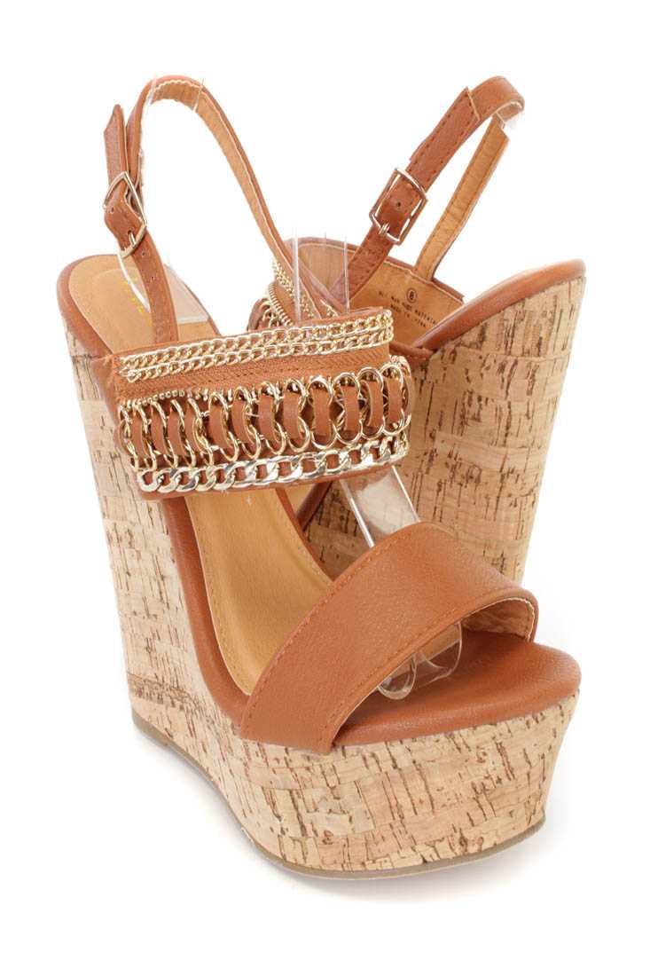 Tan Link Chain Decor Cork Platform Wedges Faux Leather