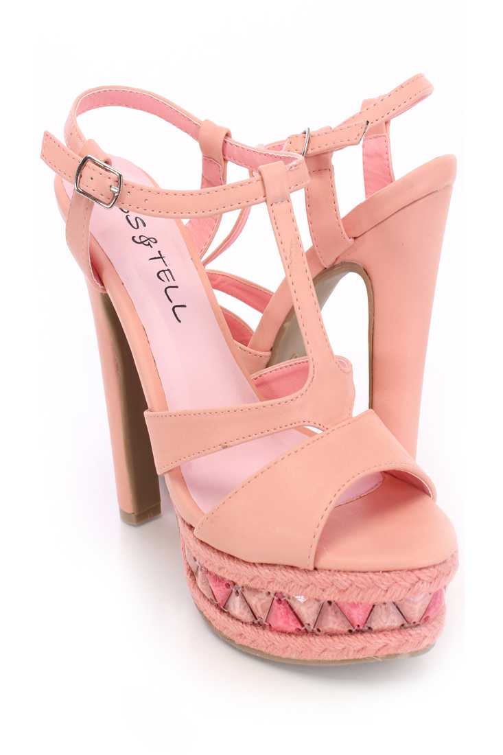 Blush T Strap Peep Toe Heels Faux Leather