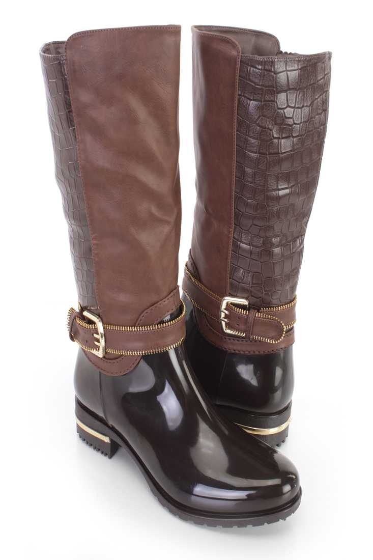 Dark Brown Croc Skin Textured Boots Rubber Faux Leather