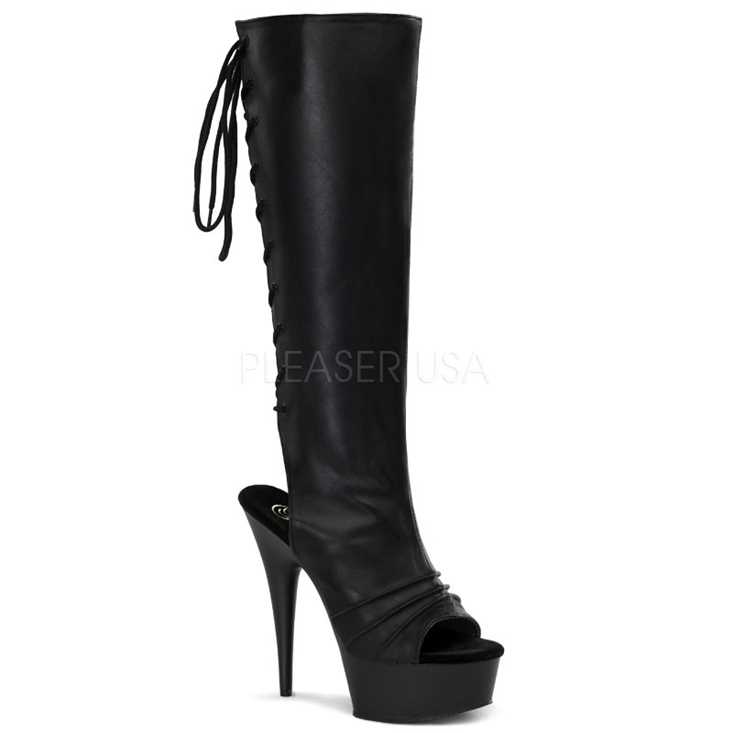 Black Leather Lace Up Peep Toe Knee High Boots