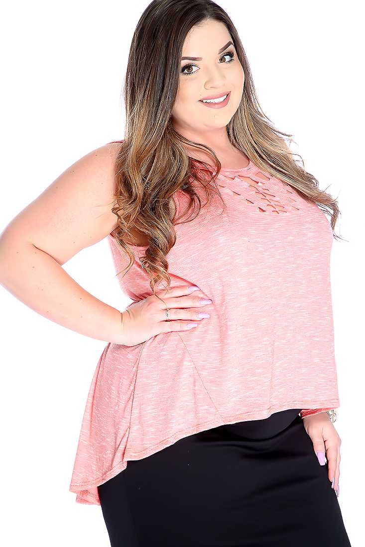 Sexy Coral Burnout Plus Size Sleeveless Chest Cutout Top