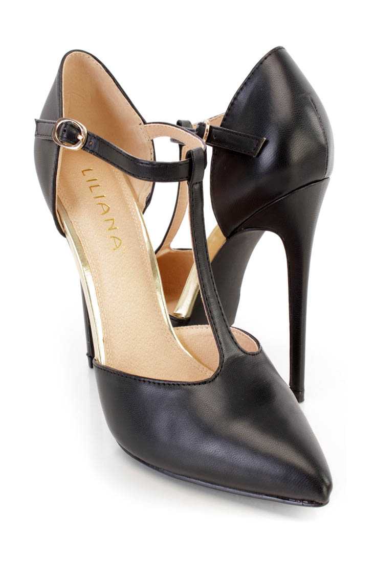 Black T Strap Single Sole Heels Faux Leather