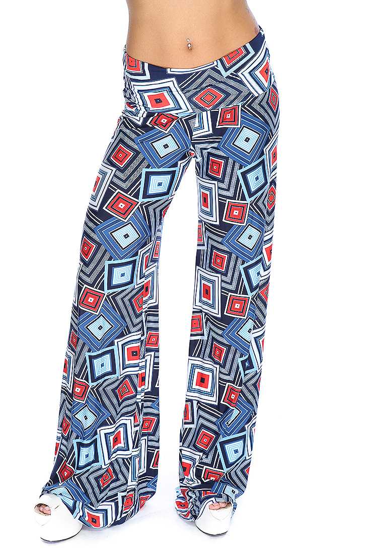 Navy Red Geometric Print Wide Leg Cute Casual Pants