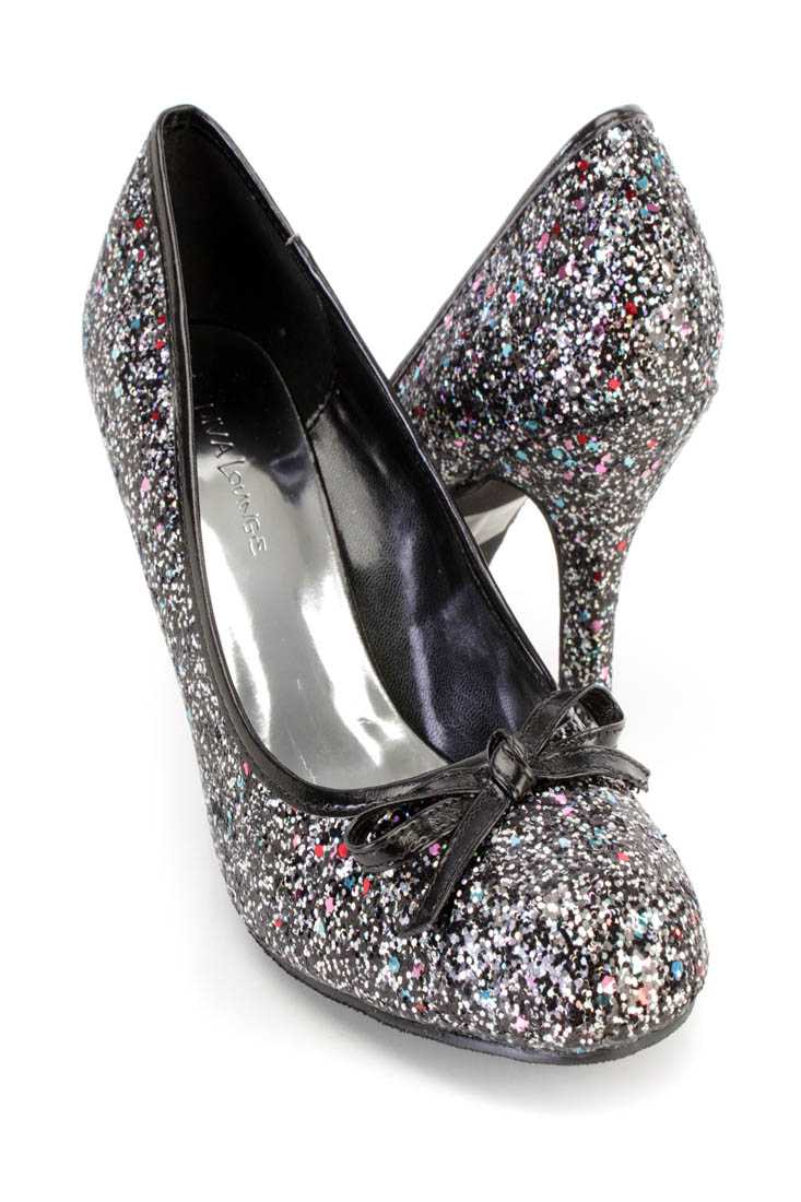 Black Bow Tie Accent Single Sole Pump Heels Glitter