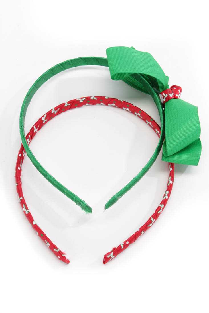Red Green Bow Print Bow Accent Headband Set