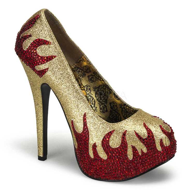 Gold Red Glitter Rhinestone Flames Pump High Heels