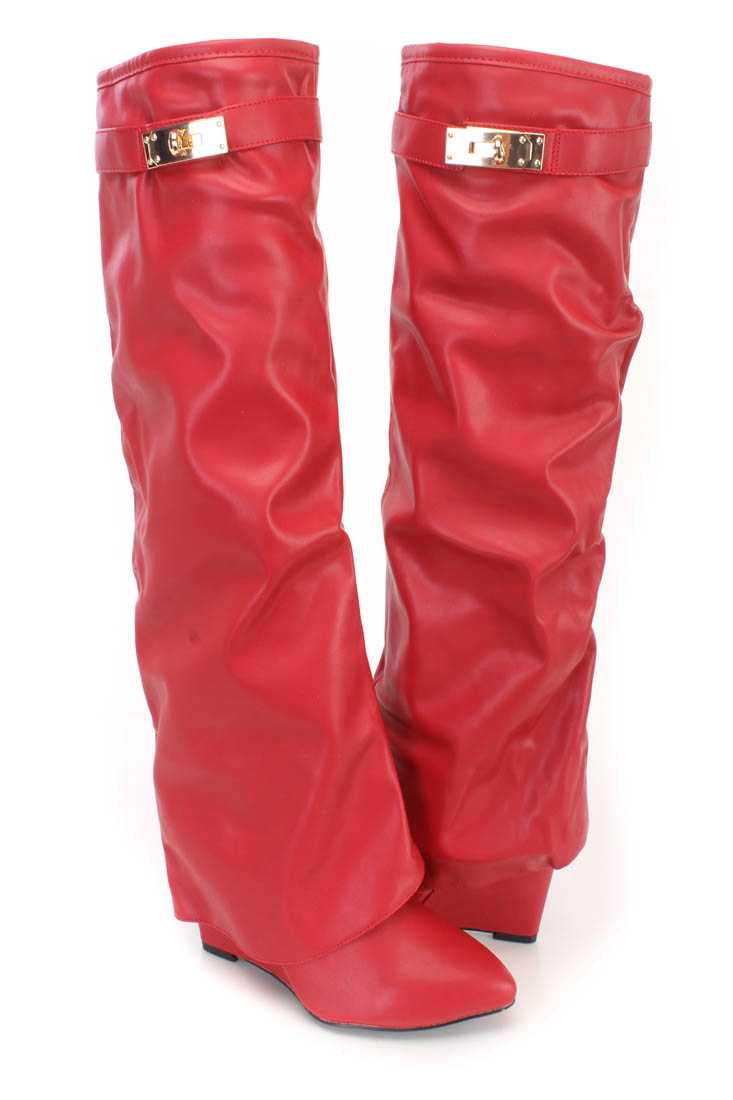Red Pointed Toe Wedge Boots Faux Leather
