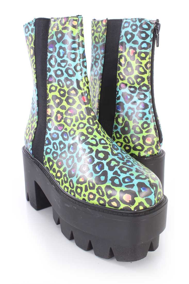 Yellow Teal Leopard Traction Sole Platform Booties Faux Leather