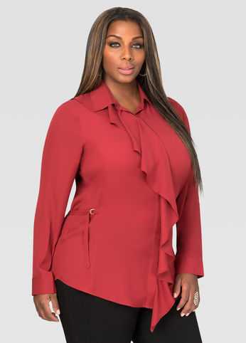 Ruffle Front Buckle Tab Blouse