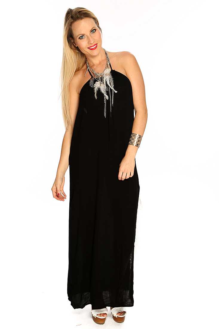 Black Halter Crochet Design Summer Beach Maxi Dress