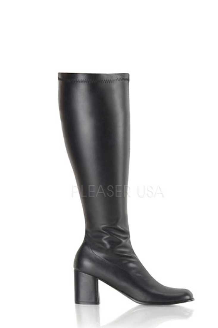 Black Wide Calf Chunky Heel GoGo Boots Faux Leather