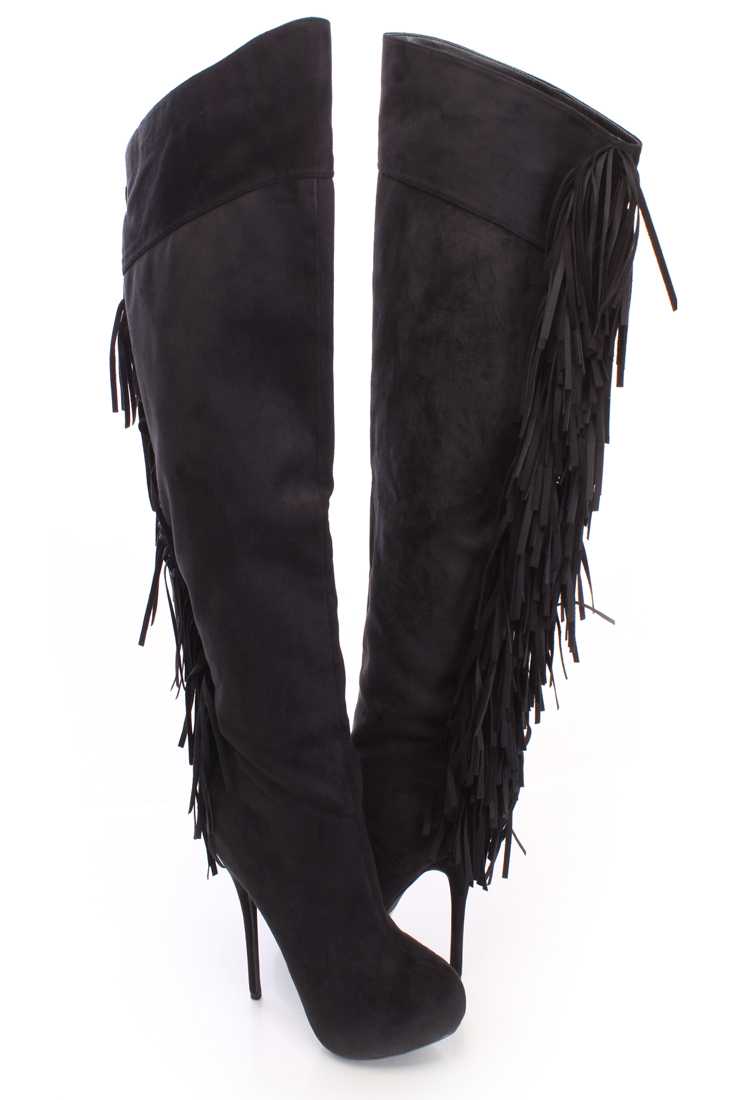 Black Fringe Knee High Heel Boots Faux Suede