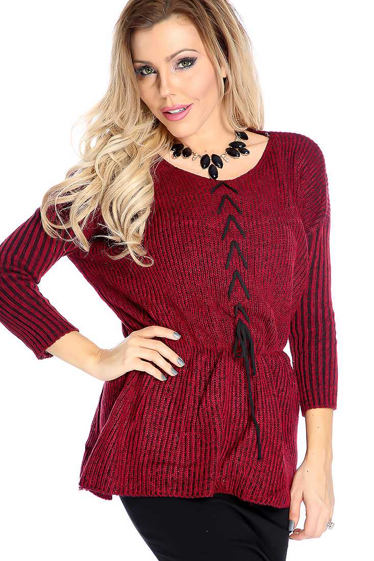 Wine Knitted Lace Up Peplum Long Sleeve Sweater Top