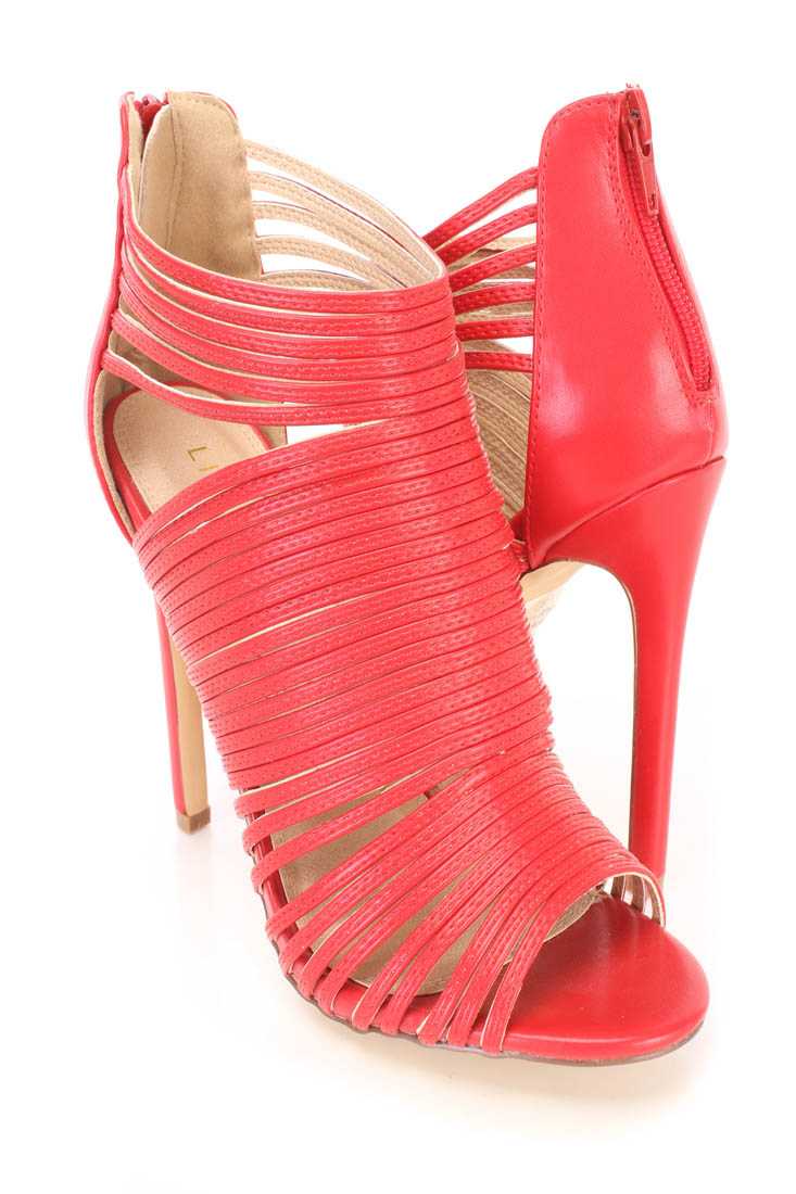 Red Strappy Peep Toe Sandal Booties Faux Leather