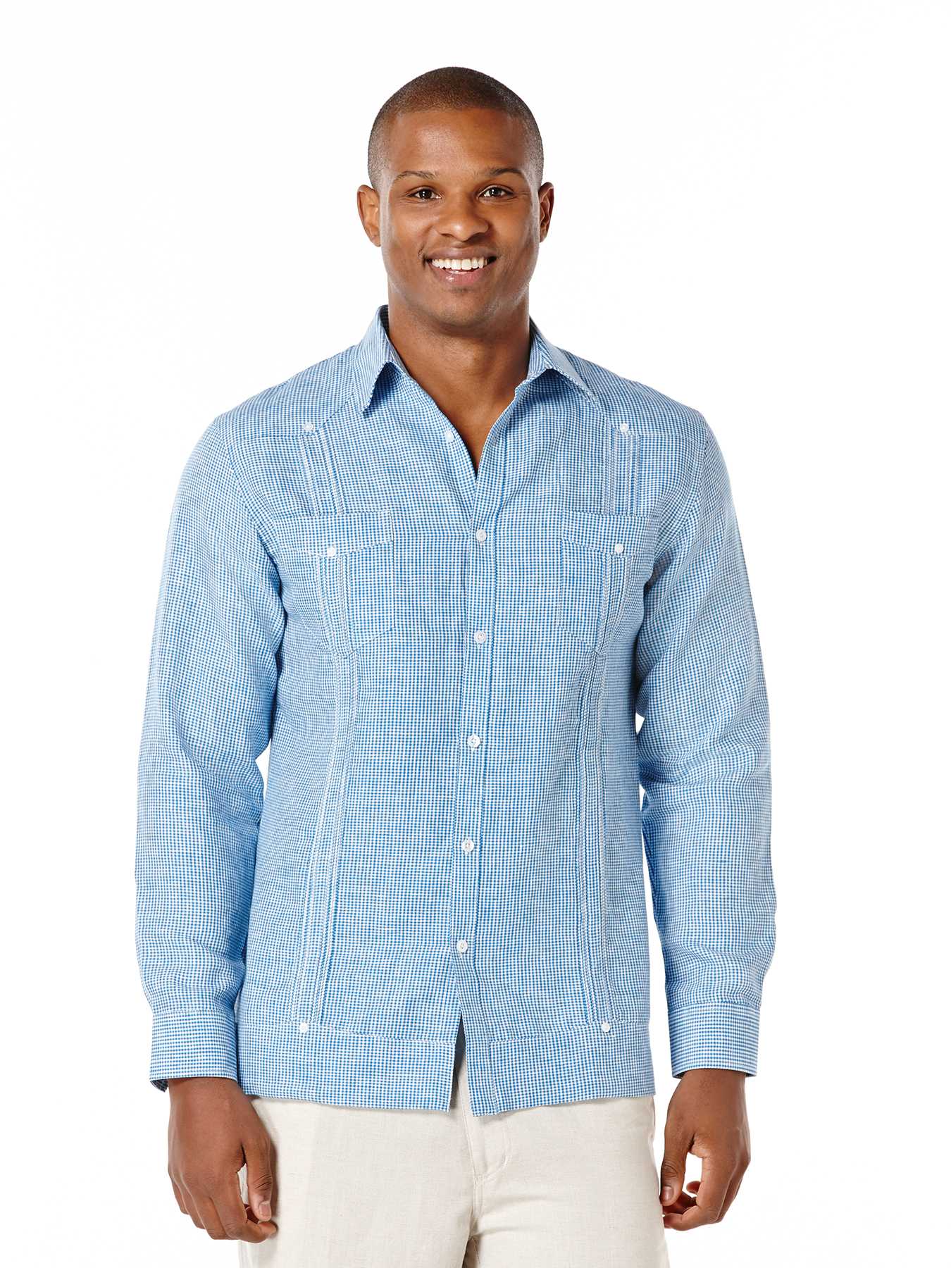 Cubavera 100% Linen Long Sleeve Gingham 2 Pocket Guayabera
