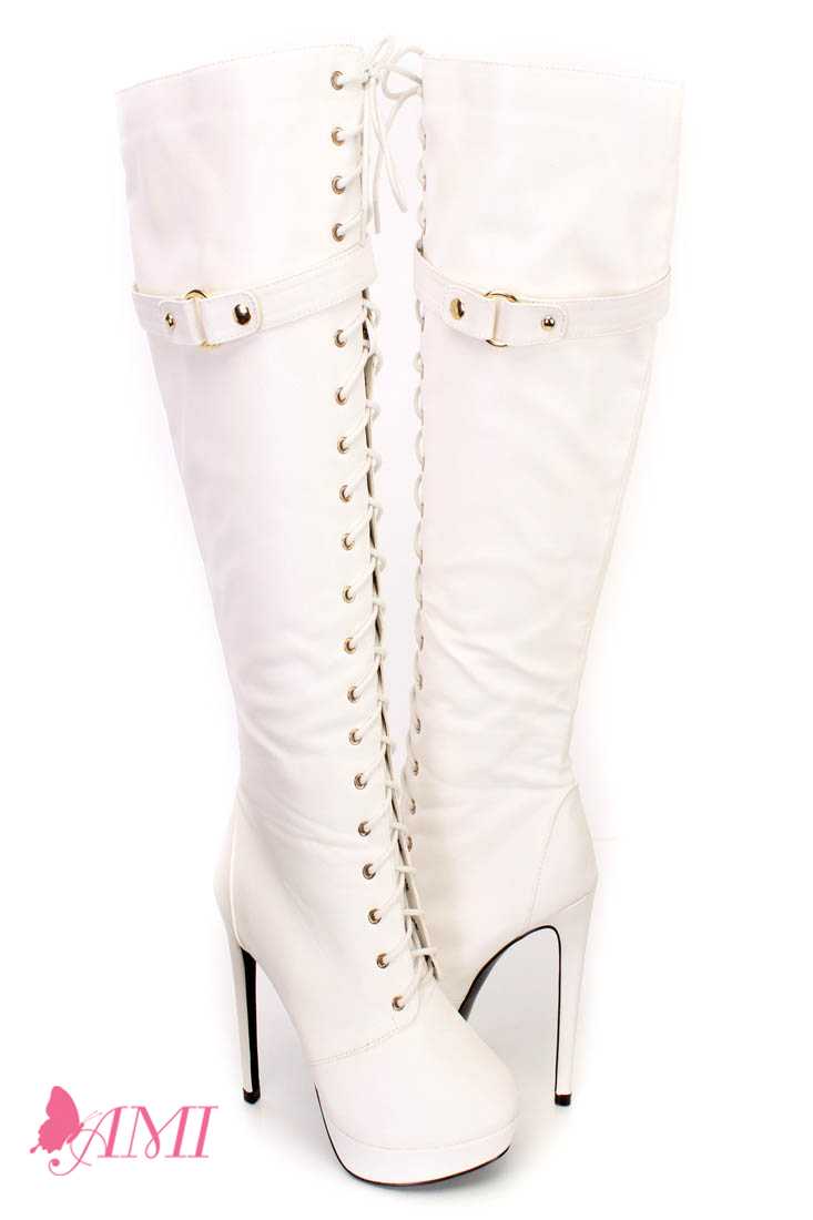 White Lace Up Thigh High Fall High Heel Boots Faux Leather