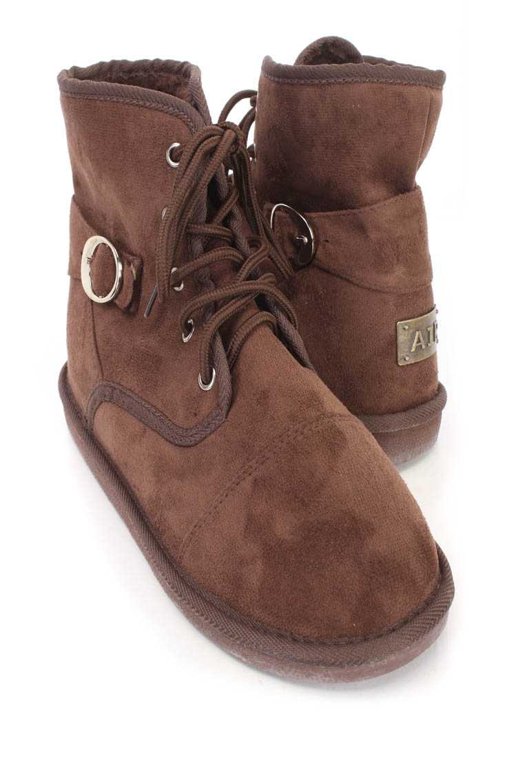 Brown Lace Up Comfy Ankle Booties Faux Suede