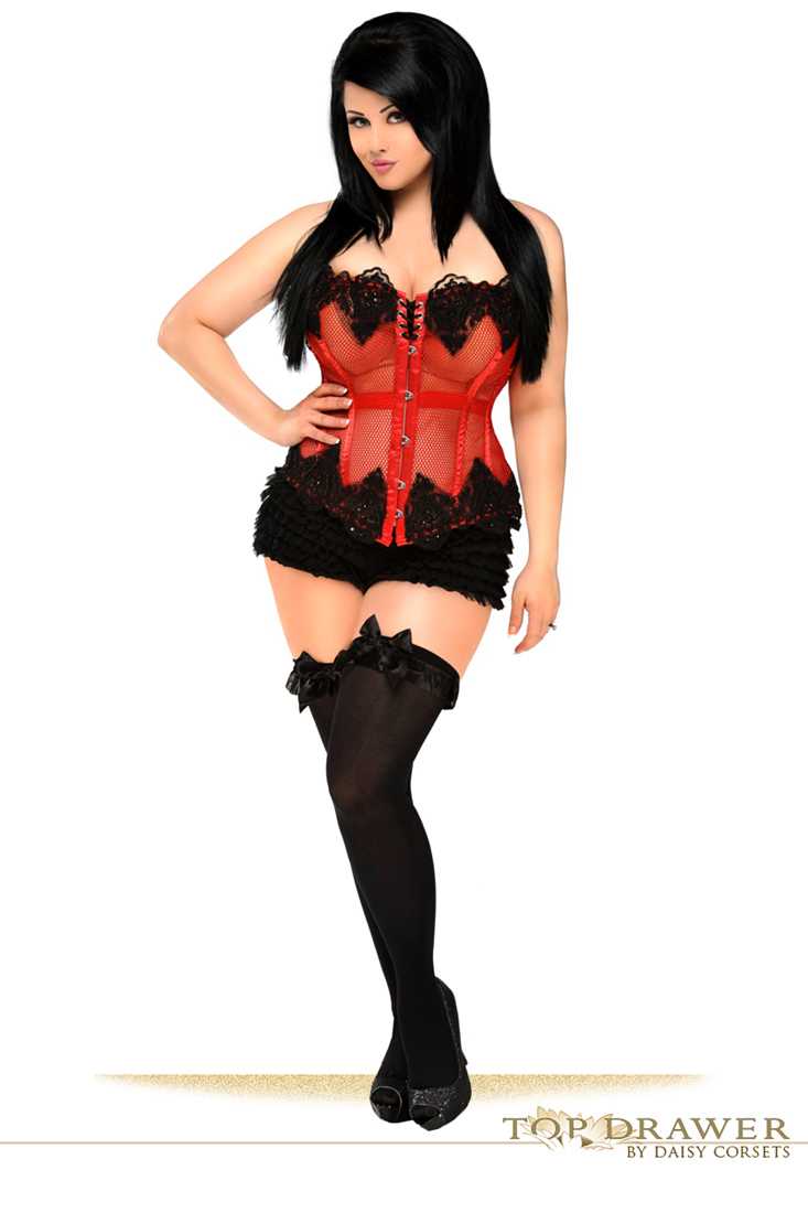 Red Plus Size Mesh Net Beaded Corset Top