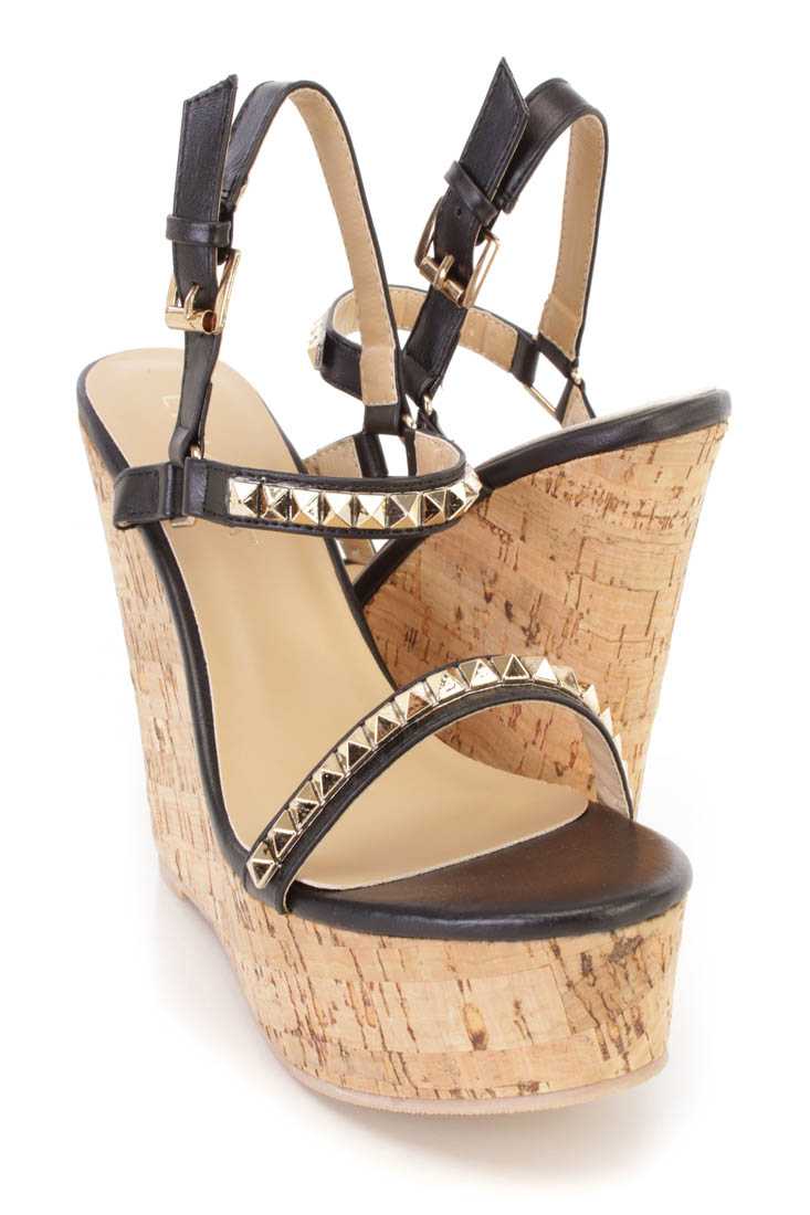 Black Studded Open Toe Cork Platform Wedge Faux Leather