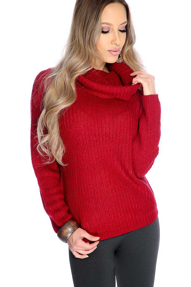 Wine Knitted Turtle Neck Long Sleeve Sweater Top