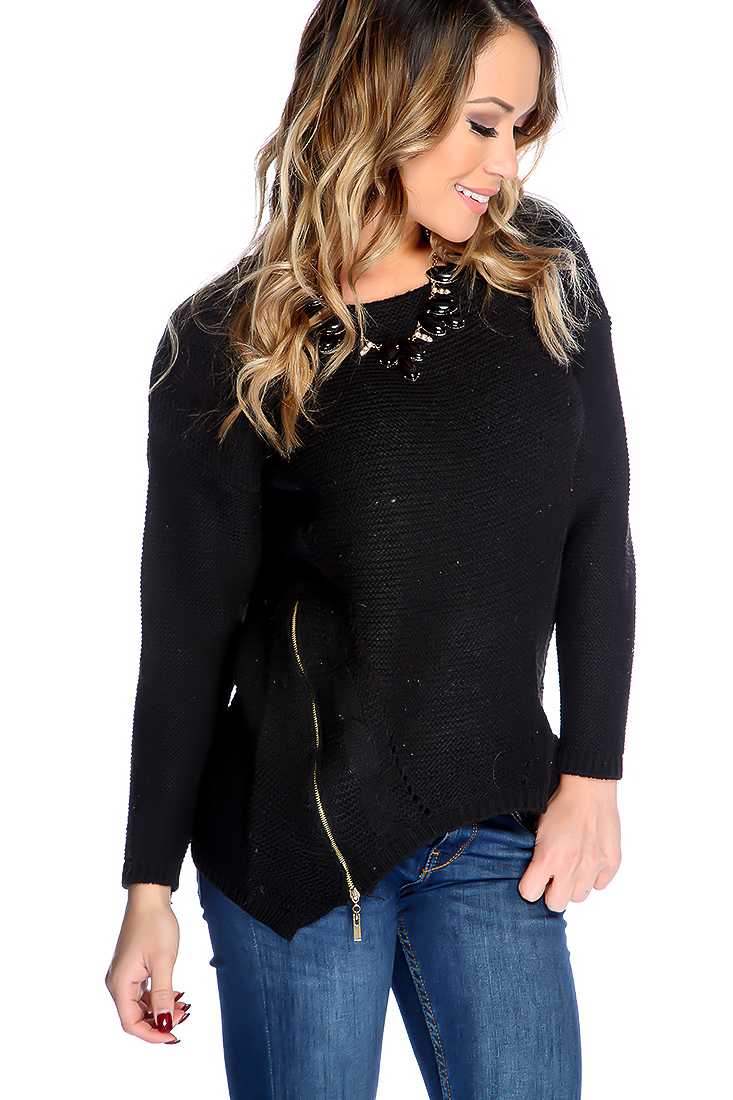 Black Long Sleeves Zipper Accent Open Knitted Sweater