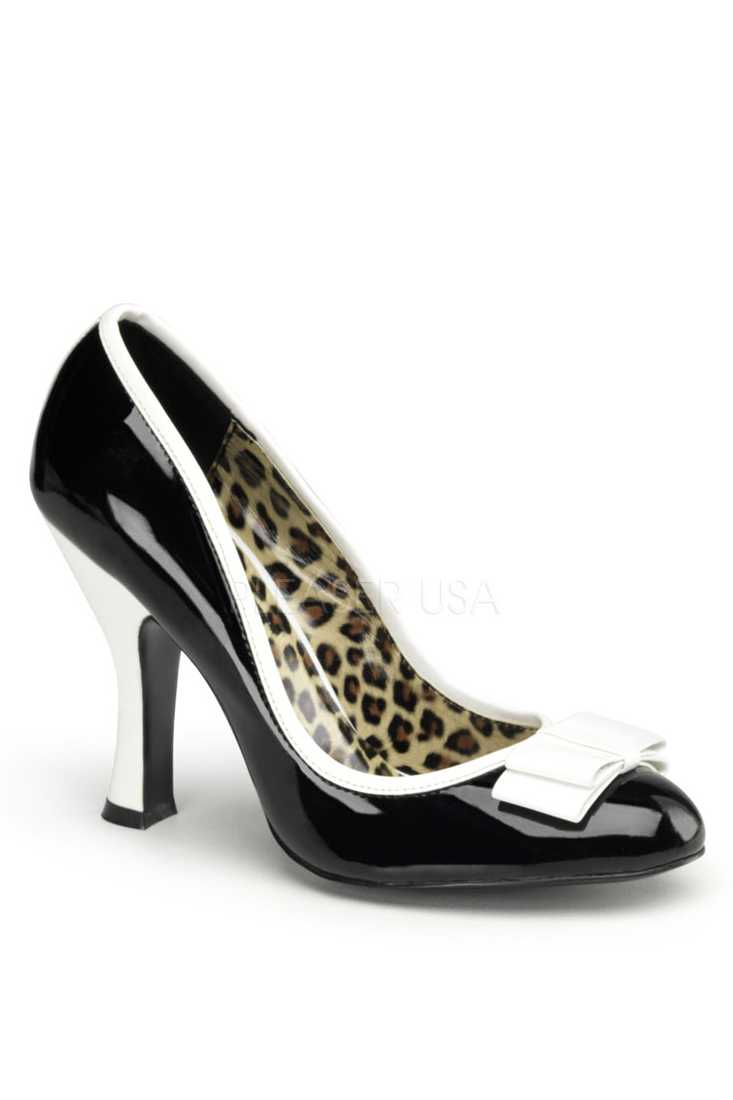 Black White Bow Tie Single Sole Pump High Heels Patent