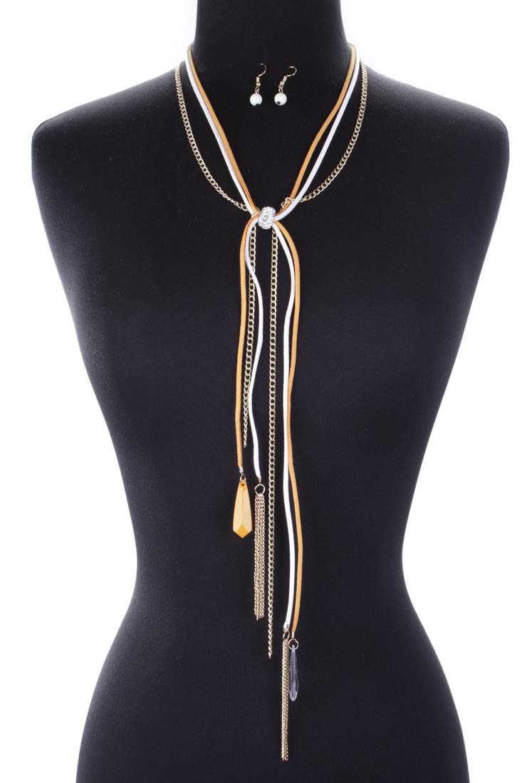 Stylish Mustard White Rhinestone Bead Detail High Polish Chain Necklace and Earring Set